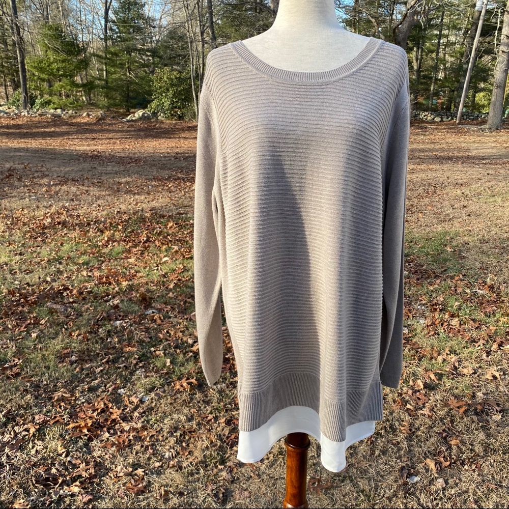 HILARY RADLEY SWEATER CREW NECK TAN RIBBED WHITE UNDERLAY Size XXL PLUS